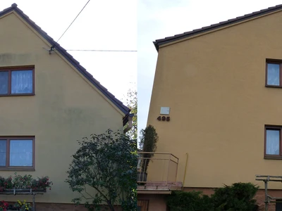 Fasáda je hravě opět jako nová. U rodinných domů se obejdeme bez lešení a plošiny což snižuje náklady. 