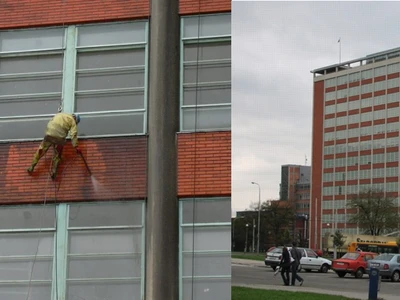 Chemické čištění cihelného obkladu fasády Baťova mrakodrapu. 