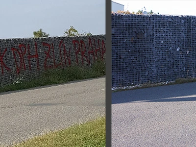 Odstranění graffiti z gabionového plotu. 