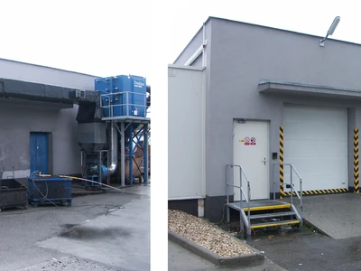 Atypické čištění fasády objektu firmy zpracovávající práškový toner do tiskáren.. 