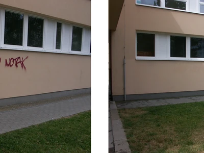 Odstranění graffiti na zateplené fasádě objektu základní školy. 