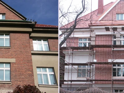 Chemické čištění a oprava spárování režného zdiva historické vily.