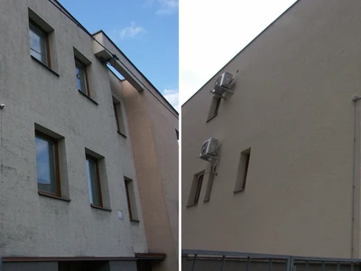 Rozdíl před a po čištění. Provedeno pouze pomocí speciálního teleskopického nástavce bez použití lešení nebo plošiny.