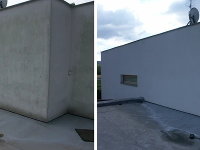 Čištění zateplené fasády a provedení ochrany proti řasám s dlouhodobým účinkem.